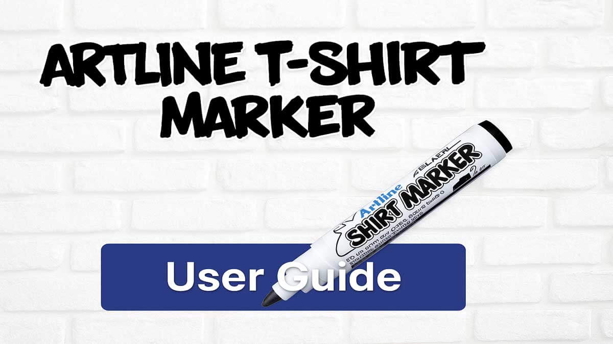 Artline T-Shirt Marker displayed on a white brick background with bold graffiti-style title and a blue user guide button