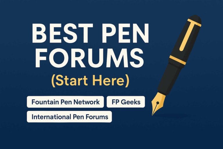 Illustrated title graphic for Best Pen Forums featuring top communities like Fountain Pen Network and FP Geeks