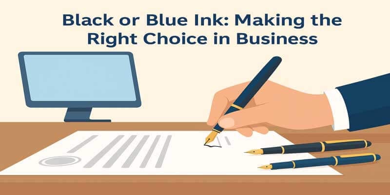 Businessperson signing a document with black ink in an office setting, comparing black and blue pens