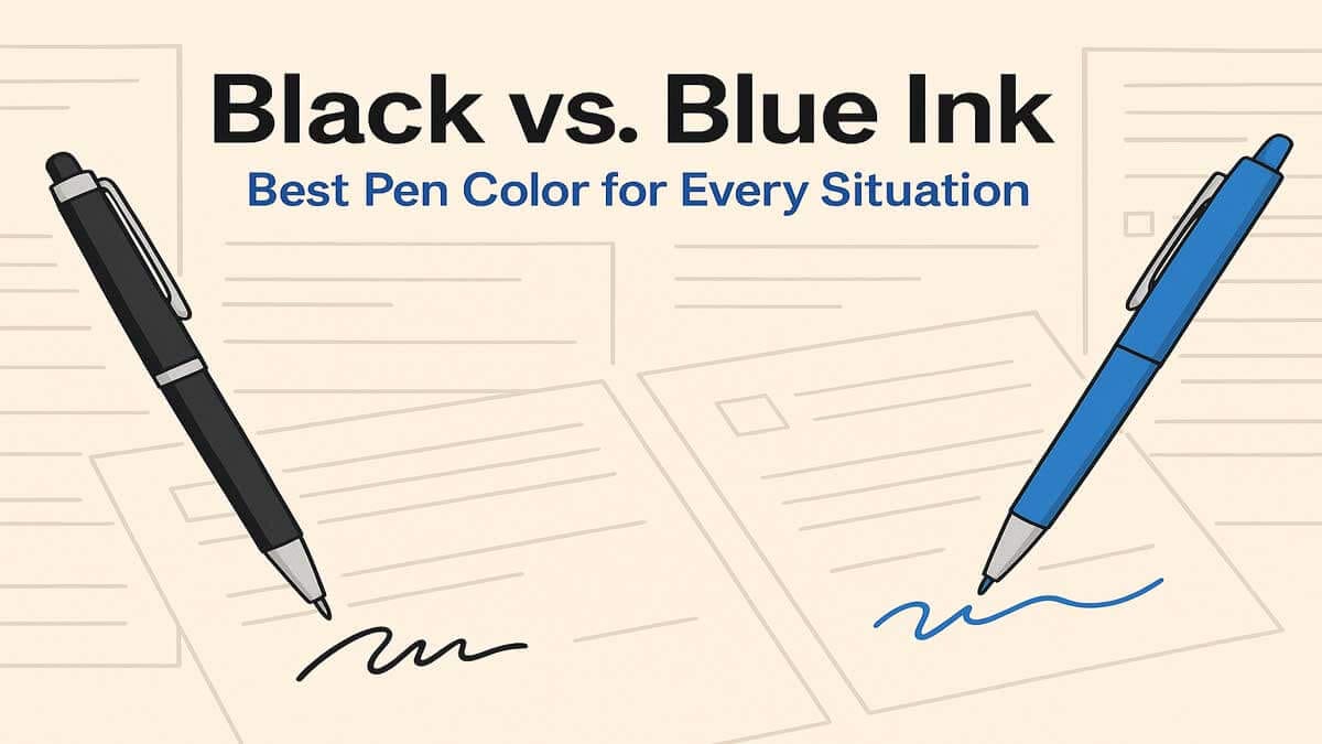 Illustration showing black vs blue ink pens over official documents with the title "Best Pen Color for Every Situation"