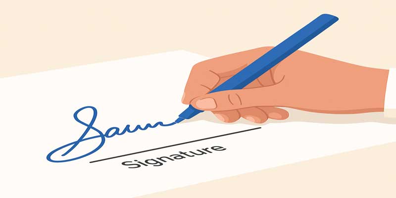 Blue ink signature on a white paper with a pen in hand to highlight originality and contrast