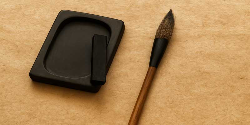 Traditional Chinese inkstone and inkstick with calligraphy brush on parchment