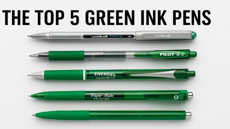 Feature image showing the top 5 green ink pens with title at the top and pens displayed below on a white background