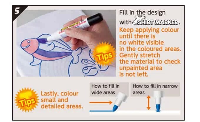 fill-tshirt-design-fabric-marker-pen Filling in the traced T-shirt design using a bold color Artline fabric marker
