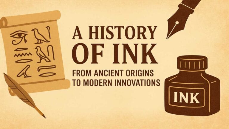 Illustration showing the history of ink from ancient to modern writing tools