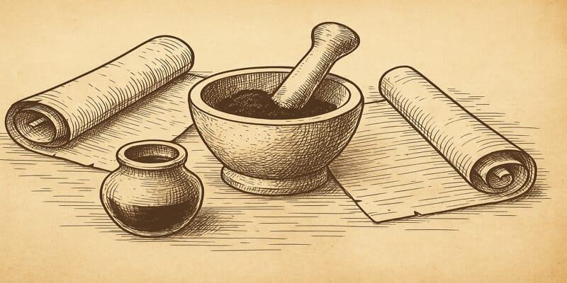 Illustration of ancient ink making with soot, mortar and pestle, and papyrus scrolls