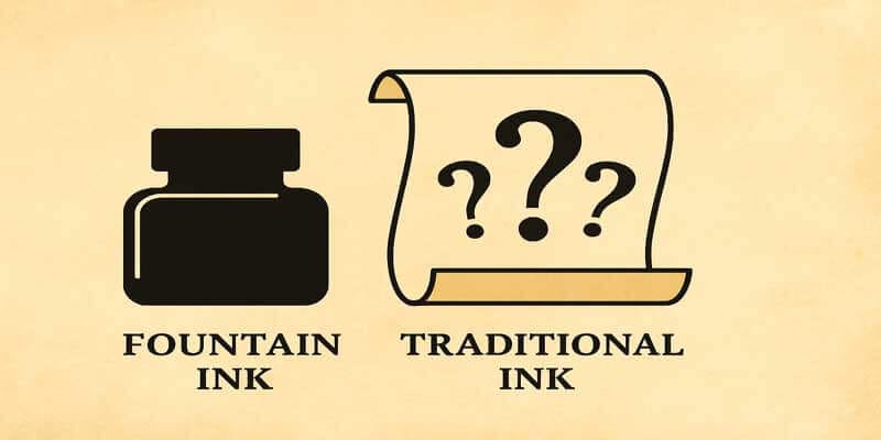 Icon-based image of ink bottle with scroll and question marks for FAQ section