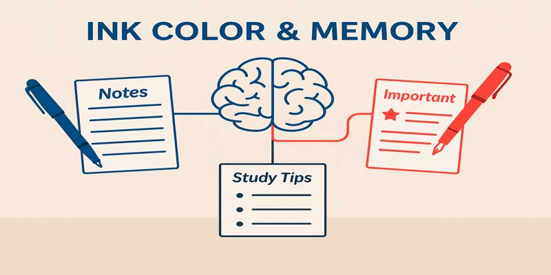 Brain illustration connected to notes in red, blue, and black ink showing the effect of ink color on memory
