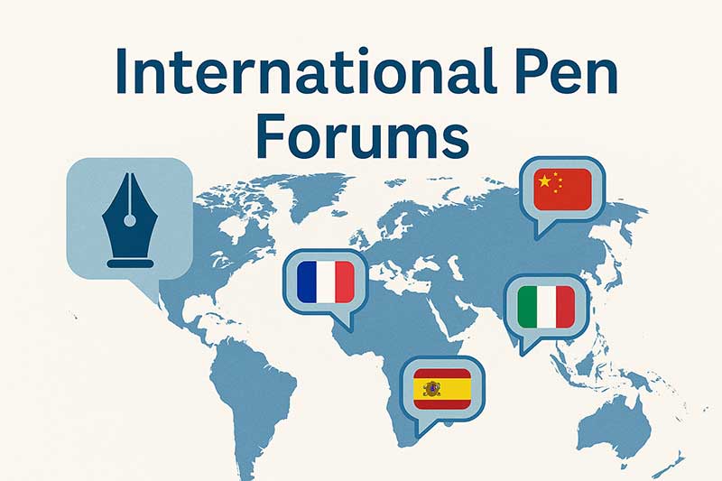 World map with speech bubbles showing international fountain pen forums