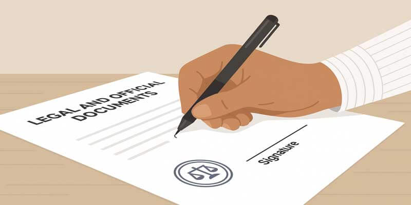 Hand signing a legal document with black ink to represent official form requirements