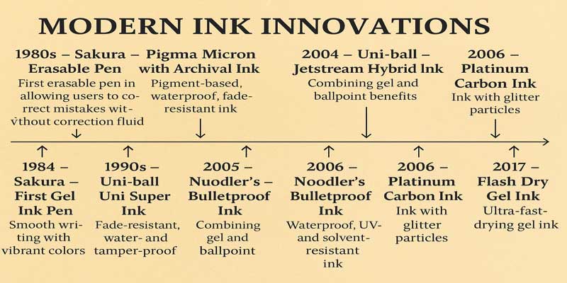 Infographic timeline showing modern ink innovations from 1970 to 2017 including erasable, gel, hybrid, and shimmering inks