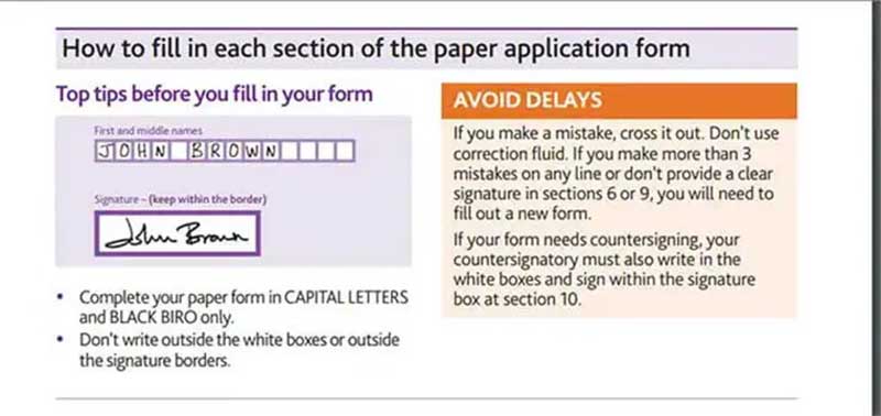 Passport application form filled out with black ink, highlighting ink color requirements for official documents