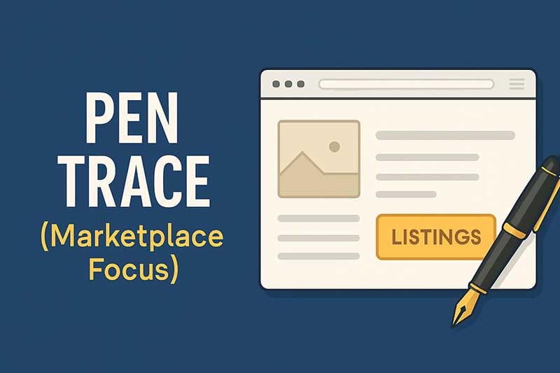Pen Trace pen marketplace listing layout with fountain pen icon