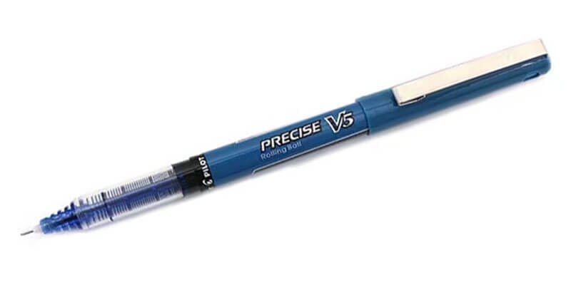 Pilot Precise V5 pen with blue ink shown on a white background, known for its smooth writing and precision tip