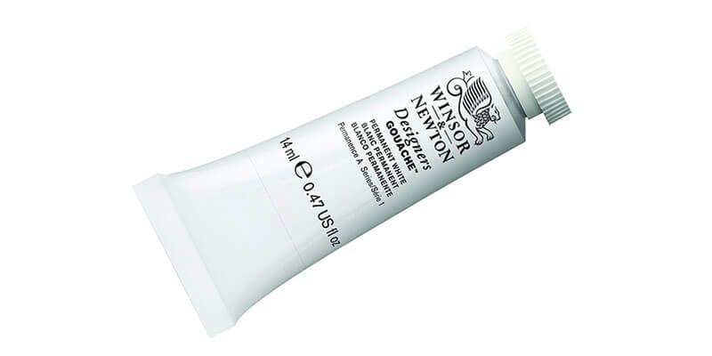 Tube of Winsor & Newton white gouache paint on a white background