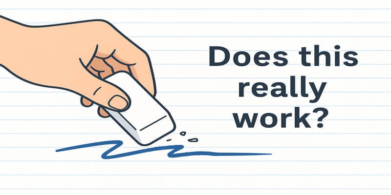 Vector illustration of hand erasing pen mark labeled “Does this really work?”