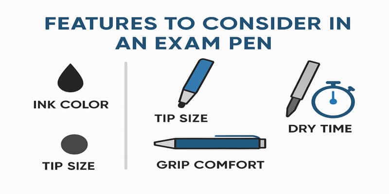 Infographic of exam pen features: ink color, tip size, grip, dry time, refillability