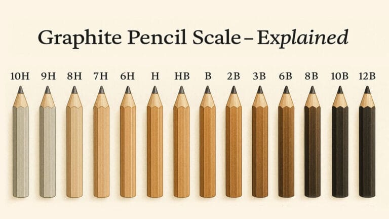 Digital illustration of graphite pencil grades from 10H to 12B on a parchment background, showing hardness to blackness progression with labeled pencils