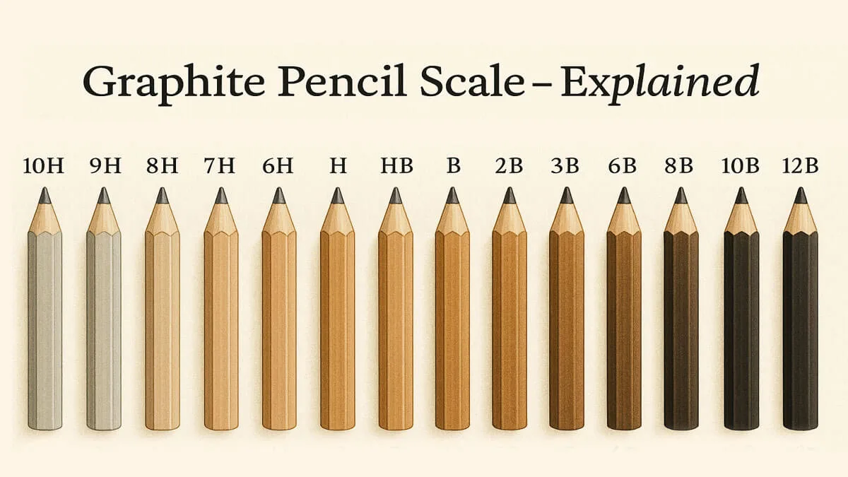 Digital illustration of graphite pencil grades from 10H to 12B on a parchment background, showing hardness to blackness progression with labeled pencils