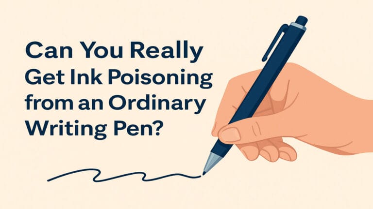 A hand holding a pen above text that reads “Can You Really Get Ink Poisoning from a Pen?”