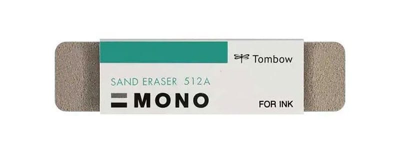 Tombow Mono Sand Eraser for removing ballpoint pen ink from lined notebook