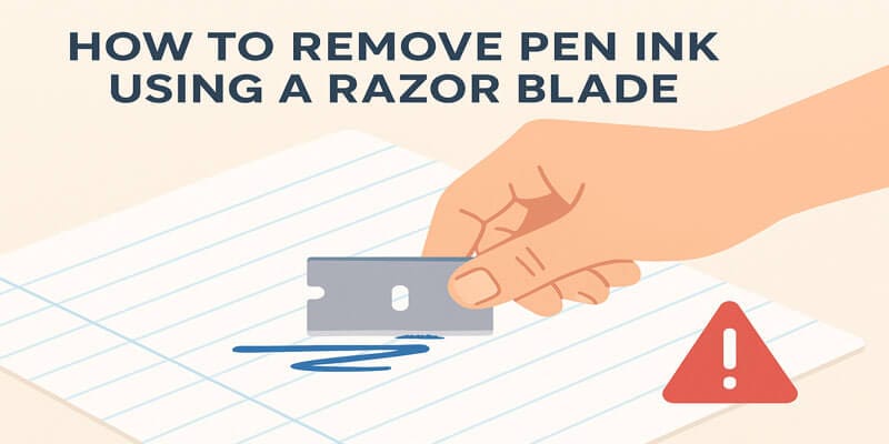 Hand using a razor blade to scrape pen ink from notebook paper