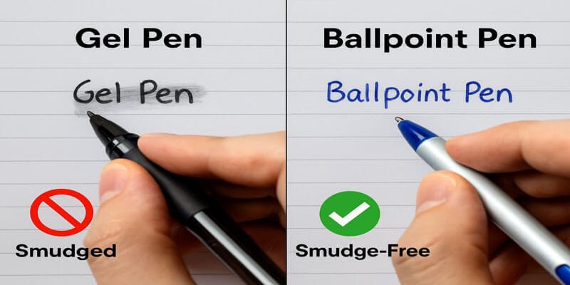 Black smudge-free pen beside ink smearing comparison on lined paper